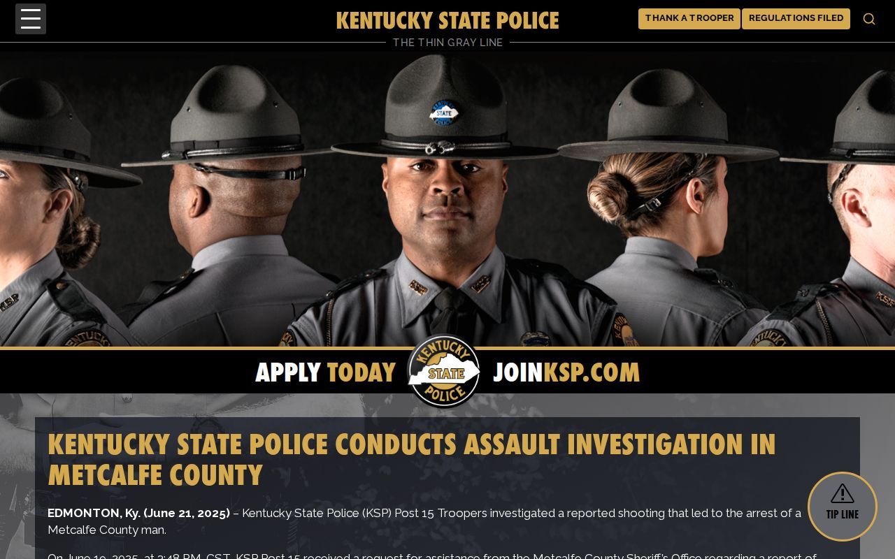 Metcalfe County arrest booking route documented by Kentucky State Police